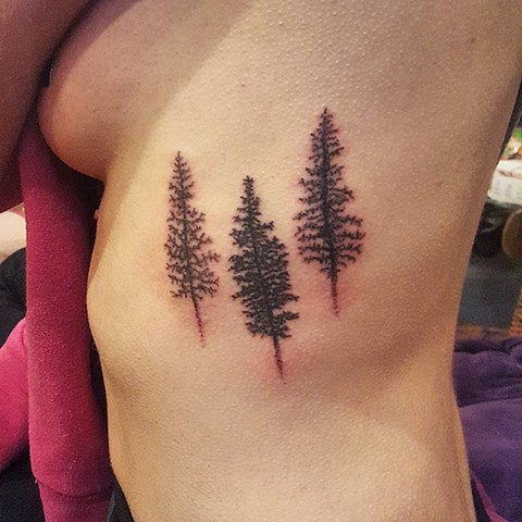 tattoo, handpoked, handpoked tattoo, handpoking, trees, trees tattoo, silhouette trees, rib tattoo, no machine