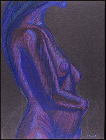 standing figure, nude, woman, female, torso, blue, purple, colored pencil, black paper