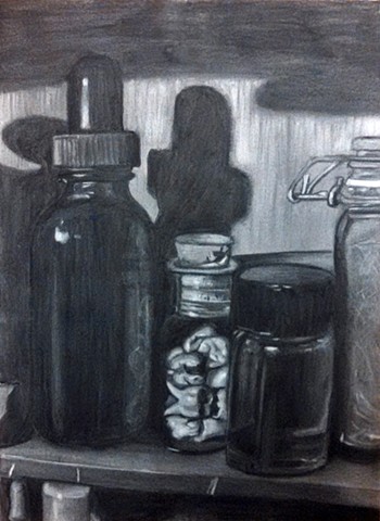 charcoal drawing, charcoal, drawing, potions, potions cabinet, potions ingredients, wolf hair, human teeth, moldavite oil, black and white drawing