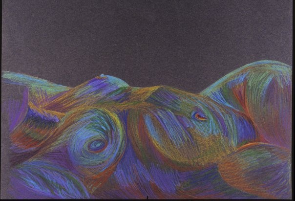 rainbow, colored pencil, nude, female, woman, reclining, colorful, black paper