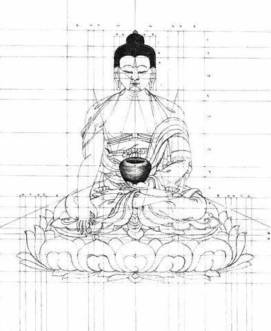 Grid drawing of Buddha Sakyamuni fully robed.