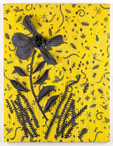 yellow and black painting, stripes and insects, applique