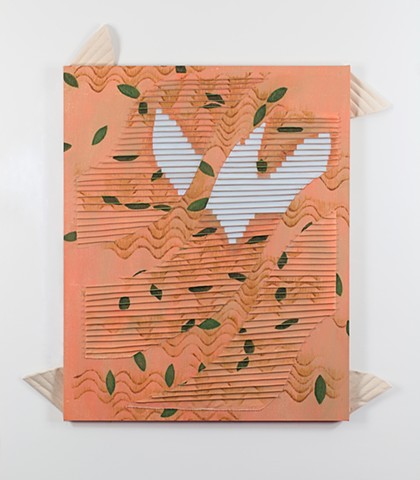 peach colored painting with a ridgy swish across it, a white bird reflected in this area, broken up by the ridges, green leaves and brown noodles floating the peach color