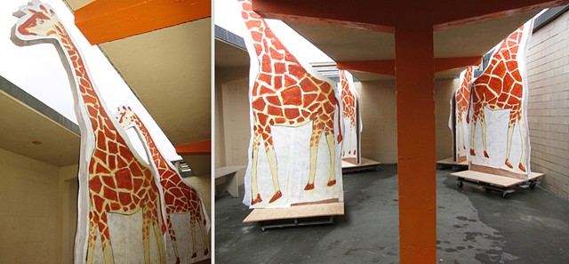 Installation for 10 Days That Shook the World: the Centennial Decade, a multi-media exhibition by Zehra Khan and Tim Winn at the Herring Cove Beach Bathhouse in the Cape Cod National Seashore, Provincetown, MA.  Anatomy and architecture, giraffes, movable