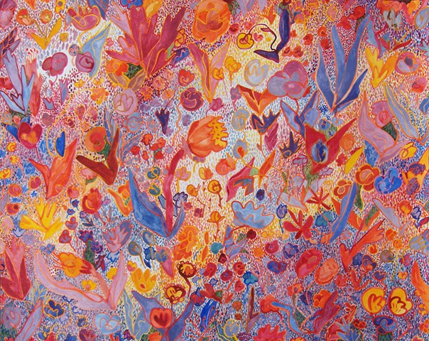 Flowers by Zehra Khan, Watercolor and acrylic on paper. #Colorful #flowers #dashes #painting #garden Artwork by Zehra Khan. #quilt #fakequilt #faketextiles #zehrakhan #zehrakhanart #textileart #contemporaryart #fakeries #autobiographicalquilt #www.zehrakh