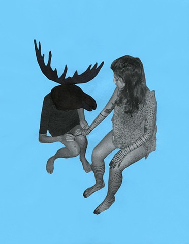 Moose Painting Nails is a drawing by Zehra Khan. This is part of a series titled Animal Silhouettes, an exploration into further altering the documentation of an installation. The black ink flattens animal heads onto the bodies of the performer.