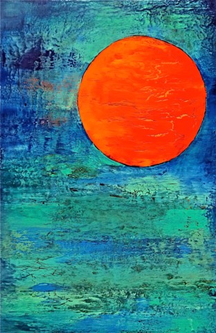 contemporary Abstract Art, circles, spheres, flowers, floral, jackson pollack, sunset, Ocean, modern, blue, orange, green, copper, turquoise, yellow, orange, contemporary art, abstract, san diego, san diego artist, affordable art, bright, colorful, non-re