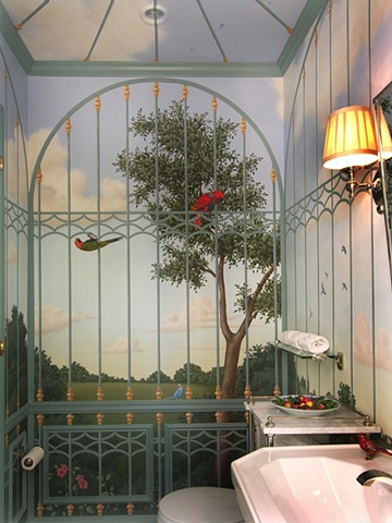 Mural in bird cage powder room for Willem Rack'e Studio