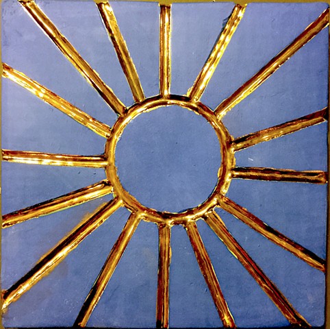 blue gold sun ceramic tile wall art