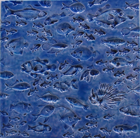 SOLD Fish - blue glaze -12"sq.