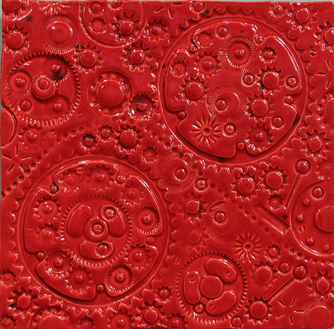 SOLD Gears - Strawberry Red 12"x12"