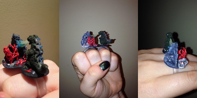 Godzilla, ring, polymer clay, miniatures
