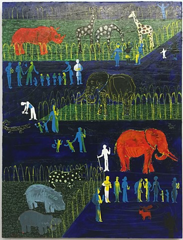 Joey Wozniak acrylic painting on canvas of figure and zoo animals landscape