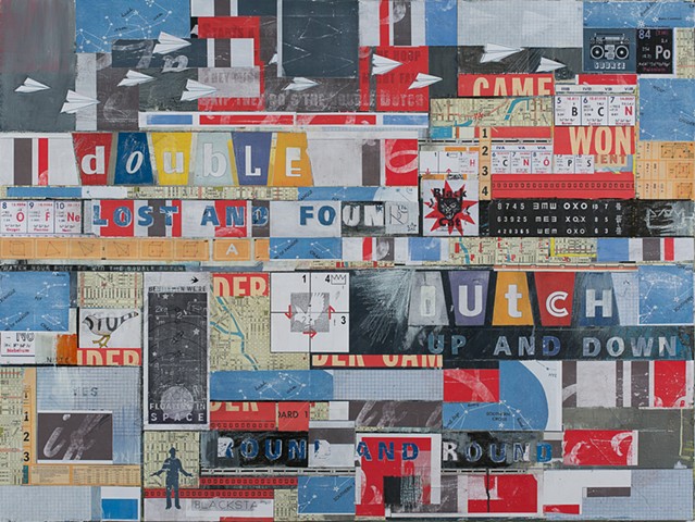 Matt Nichols mixed media collage painting with map chart sign text elements