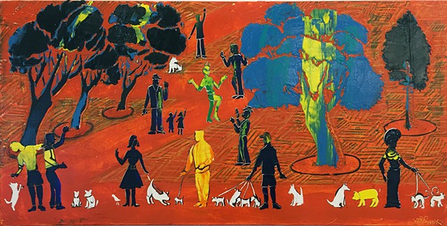Joey Wozniak acrylic painting on canvas of figures and pets landscape