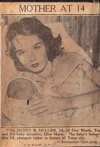 Mother at 14 Mrs. Henry B. Mullins, 14, of Fort Worth, Texas and her baby daughter, Ellen Marie.  The baby's father is also 14, youngest father in history of Texas city.