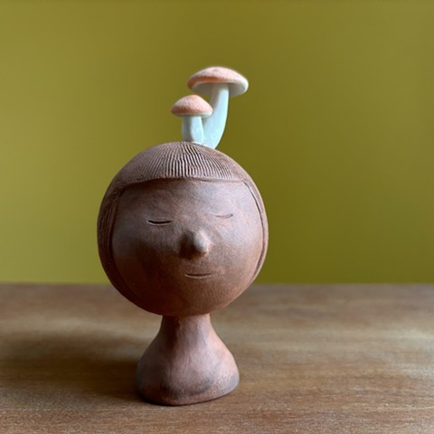 mushrooms head ceramic sculpture stoneware