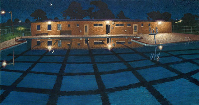 large gouache pointillist painting of a swimming pool at night