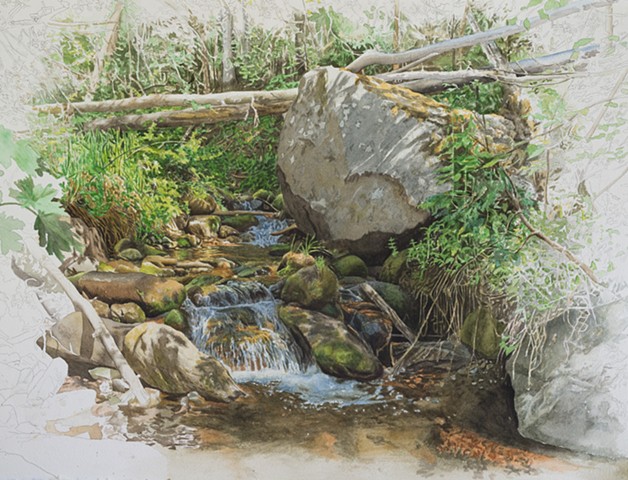 watercolor landscape of stream in the Sangre De Christo