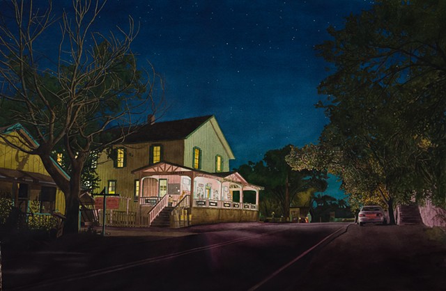 watercolor nocturne of Madrid, New Mexico