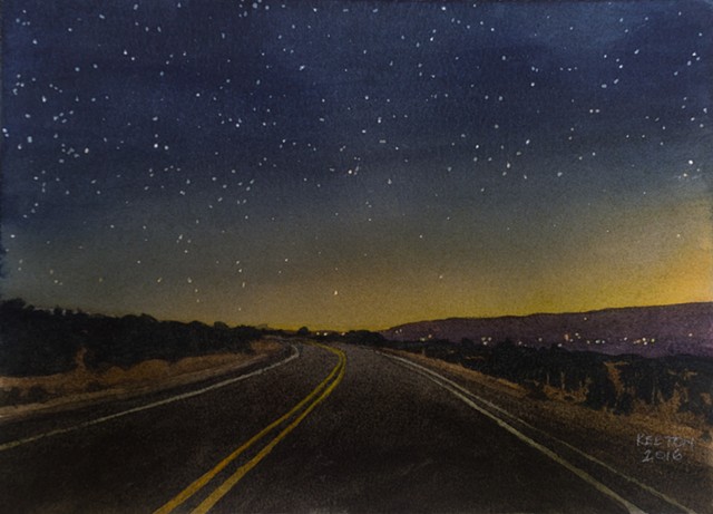 watercolor nocturne of Turquoise Trail near Santa Fe