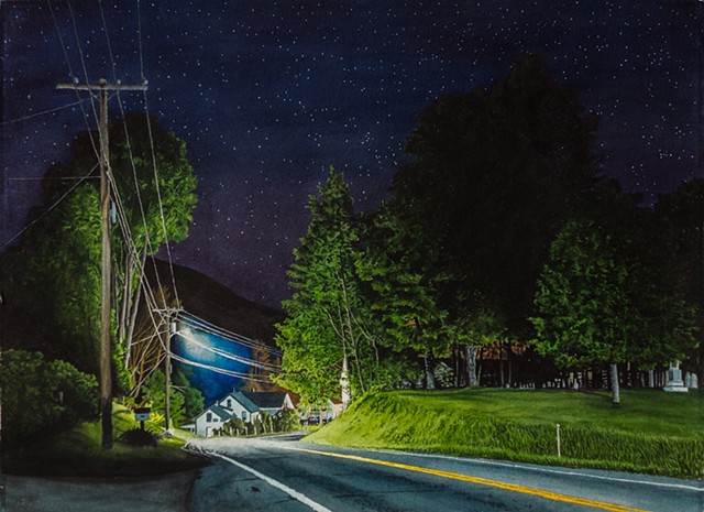 watercolor nocturne of highway in Vermont