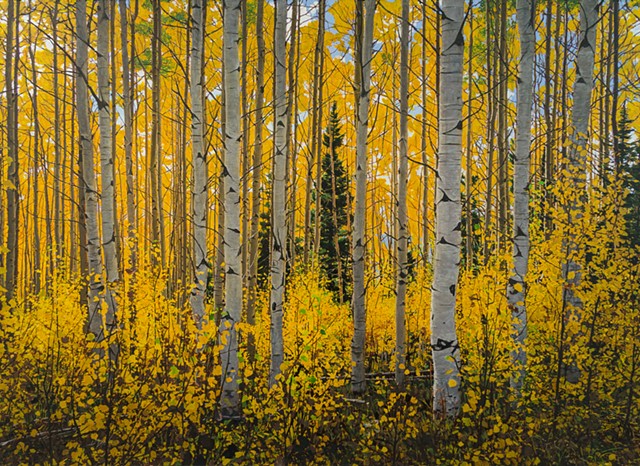 acrylic painting of aspen trees in fall in the sangre de christo mountains