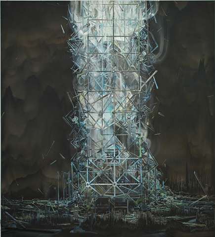tower painting, exploding architecture, 