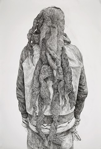 Ink drawing, Sumi ink, Pen and ink, Portrait, Large-scale drawing, Black and white, Dreadlocks, 