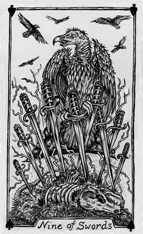 nine of swords, 9 of swords, gray tarot, tarot cards, vulture tarot, nature tarot, dead possum, lightning 