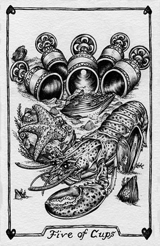 Five of cups, 5 of cups, gray tarot, lobster, clams, muscles, cups, bottom feeders, starfish, loss 
