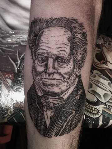 schopenhauer tattoo, custom line tattoo, portrait tattoo, leta lou tattoo, leta gray, 