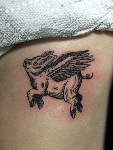 flying pig, flying pig tattoo, line work tattoo, etching tattoo, leta gray, leta lou tattoo, leta tattoo, leta gray tattoo, pig tattoo