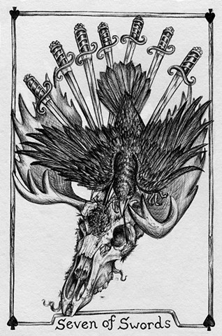 Seven of Sword, 7 of swords, gray tarot, moose head, crow, death, swords
