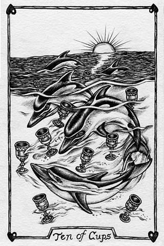 ten of cups, 10 of cups, gray tarot, dolphins, family of dolphins, joy, good family, home life