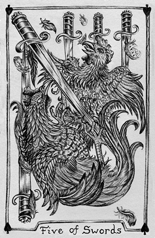 five of swords, 5 of swords, gray tarot, rooster, cock fight, rooster tarot, swords, feathers, fighting cocks