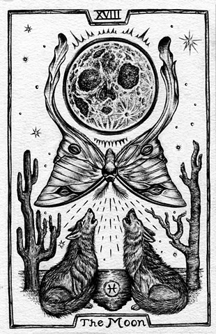 the moon, the moon tarot, moon tarot card, wolves, moon, gray tarot, luna moth, cactus, pieces 