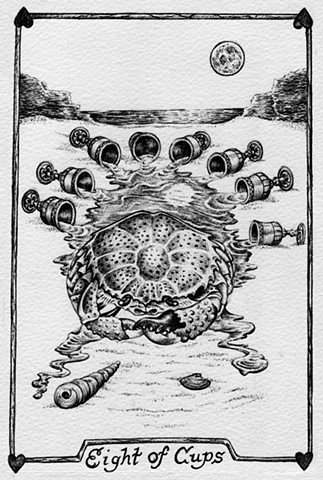 eight of cups, 8 f cups, water, crab, moon, sadness, despair, lost, gray tarot, the ocean, the moon