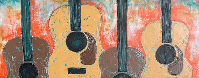 Four acoustic guitars textured painting by tracy yarbrough
