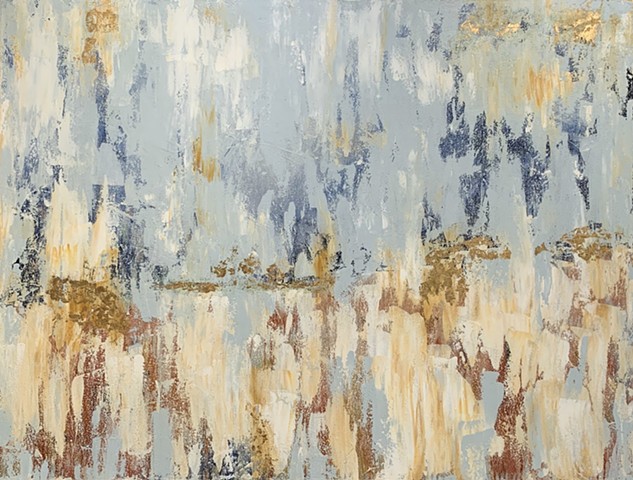 Abstract blue neutral gold painting by Tracy yarbrough