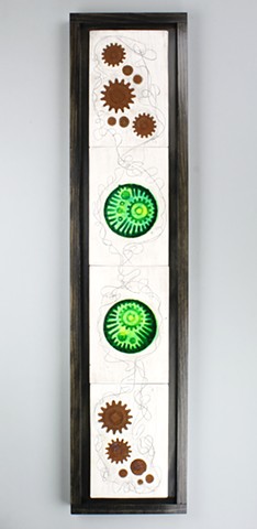 Steam punk, rusty gears, hand-made tiles, fused glass