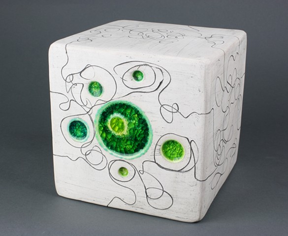 Handmade white earthenware cube with fused glass and etched line