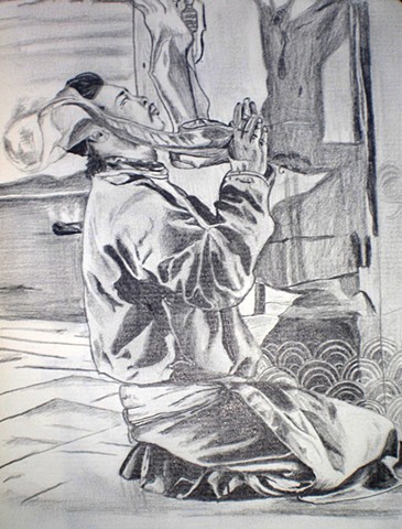 Monk in Prayer Pencil Drawing