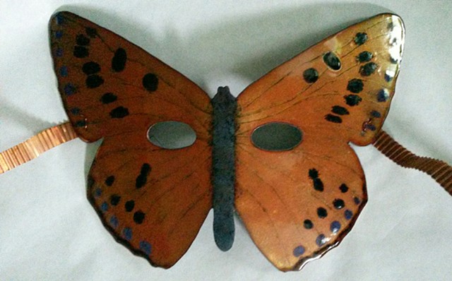 Vitreous Enamels fired on sawed, pierced, etched copper with patinated folded copper foil