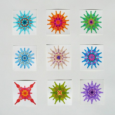 Grid of small mandalas, watercolor & gouache, 6"X6" (each), 2017-18