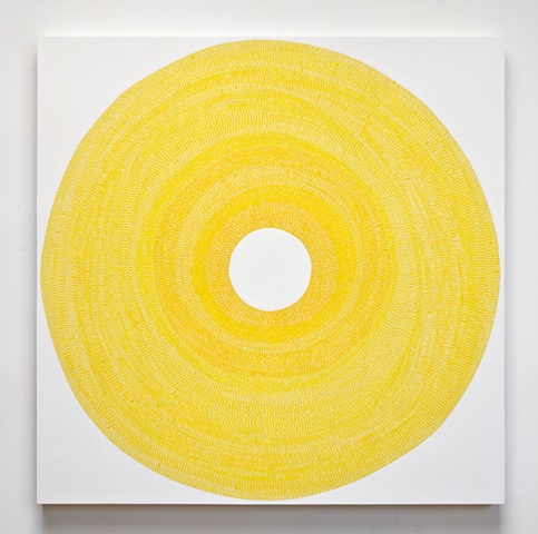 circle, repetition, shape, tape, minimal, abstract, geometric, collaged painting