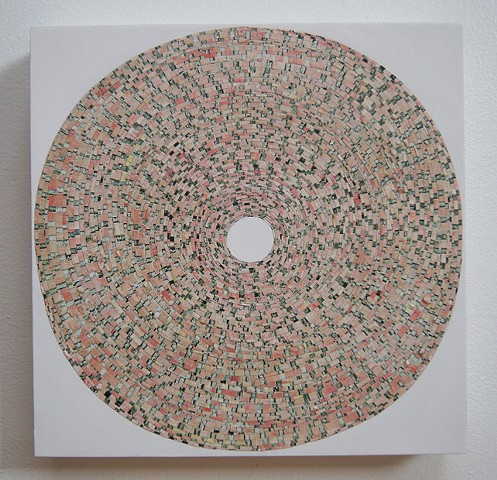 circle, collaged painting, art, painting, yong sin, yongsin, singular forms repeated, geometric