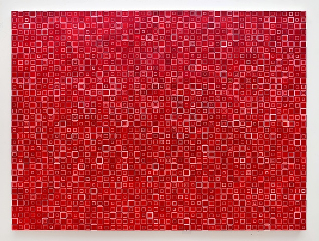 cadimium red, square, unmeasured, geometric, collaged painting, squares, minimal, abstract, acrylic, repetition, shape 