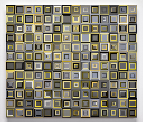 collaged painting, yellow, grey, yellow and grey, square, unmeasured, minimal, abstract, acrylic, shape, repetition