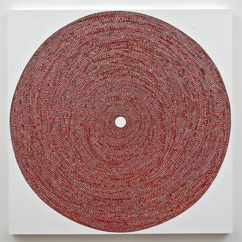 circle, repetition, shape, minimal, abstract, geometric, collaged painting, acrylic, tape, metallic